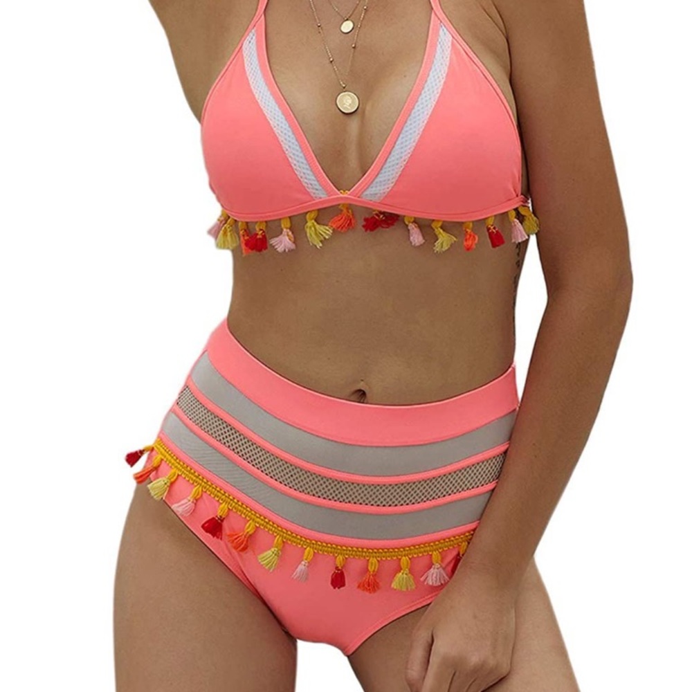 Colorful tassel high waist swimsuit set